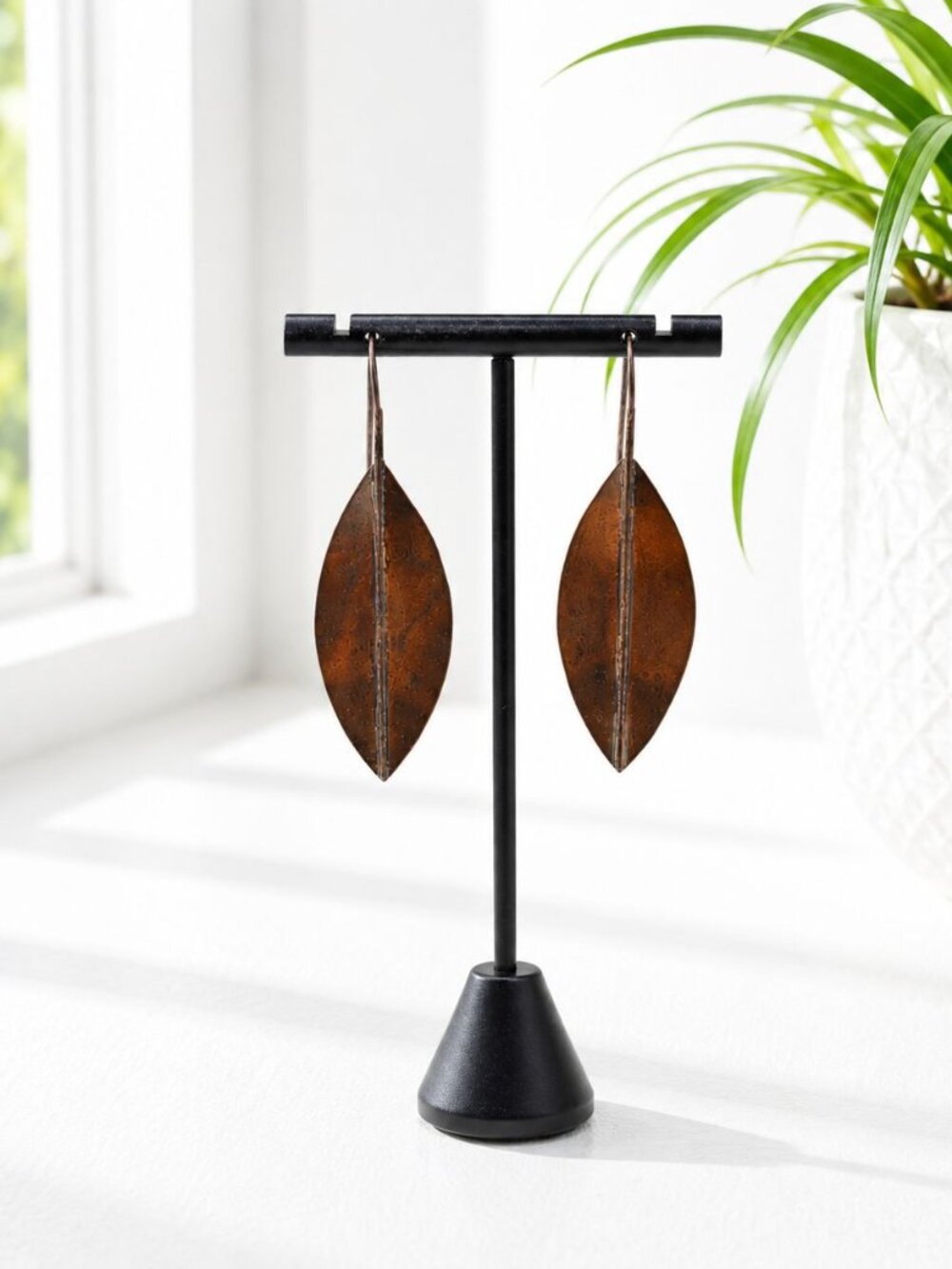 Handcrafted Copper Leaf-Shaped Dangle Earrings With Distressed Finish